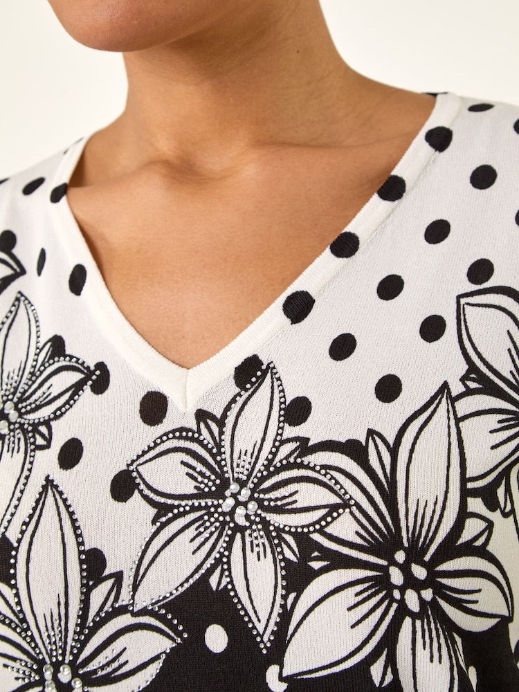 Roman Black Polka Dot Floral Knit Top - Image 5 of 5