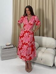 Girl In Mind Pink Sani Wrap Printed Broidery Midi Dress - Image 1 of 6