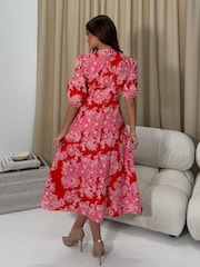 Girl In Mind Pink Sani Wrap Printed Broidery Midi Dress - Image 2 of 6