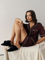 أسود - Velvet Bow Faux Fur Lined Mule Slippers - صورة 2 من 6