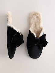 أسود - Velvet Bow Faux Fur Lined Mule Slippers - صورة 3 من 6