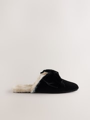 أسود - Velvet Bow Faux Fur Lined Mule Slippers - صورة 4 من 6