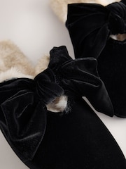 أسود - Velvet Bow Faux Fur Lined Mule Slippers - صورة 5 من 6