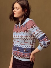 Blue Animal Scene Crew Neck Long Sleeve Knitted Jumper - Image 1 of 8