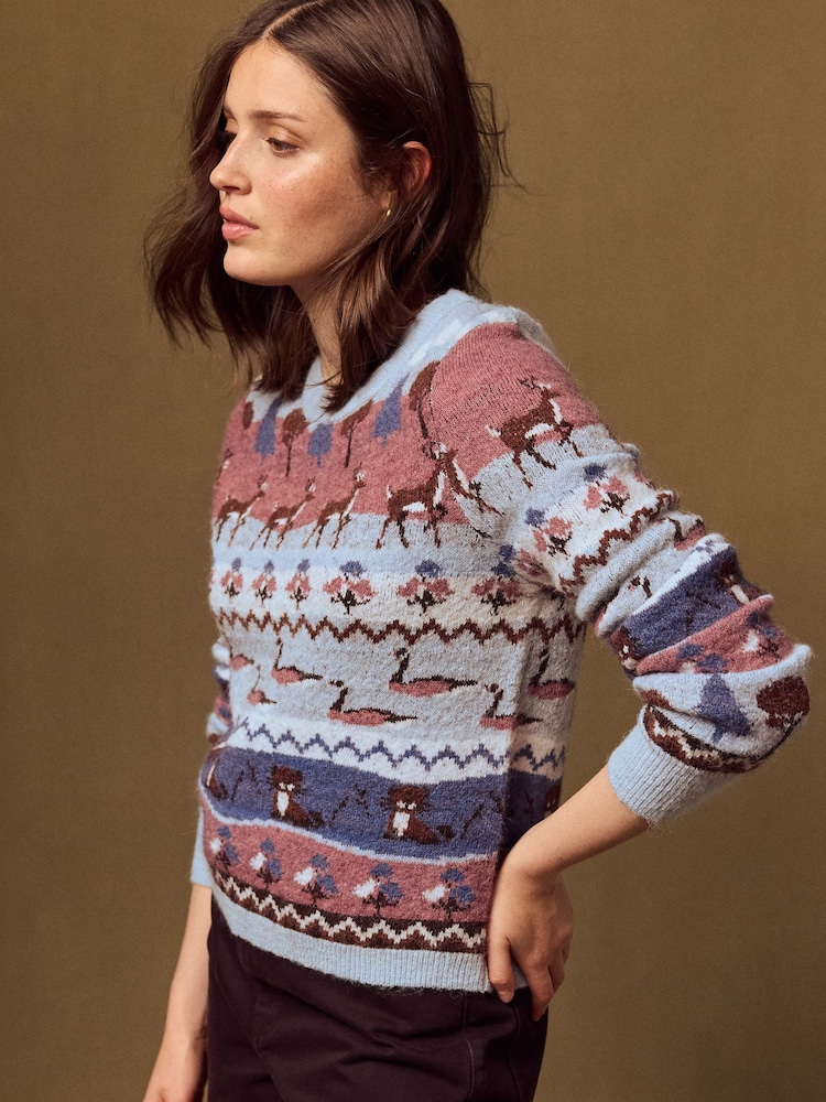 Blue Animal Scene Crew Neck Long Sleeve Knitted Jumper - Image 1 of 8 Blue Animal Scene Crew Neck Long Sleeve Knitted Jumper - Image 1 of 8