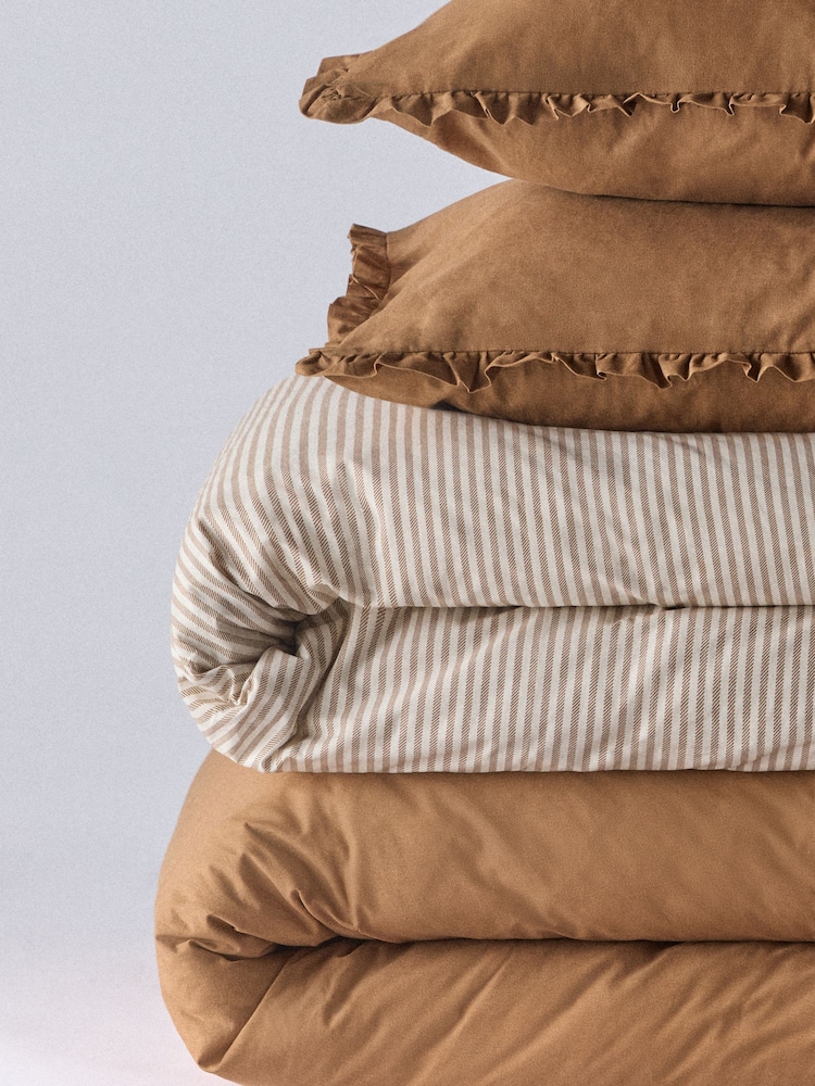 The Set 8 Piece Caramel/Stripe Frill Duvet Cover and Pillowcase Set with Fitted Sheets - Image 6 of 6
