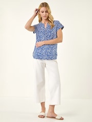 Roman Blue Speck Print V-Neck Button Top - Image 2 of 5