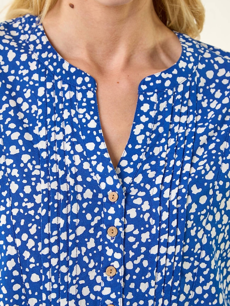 Roman Blue Speck Print V-Neck Button Top - Image 5 of 5