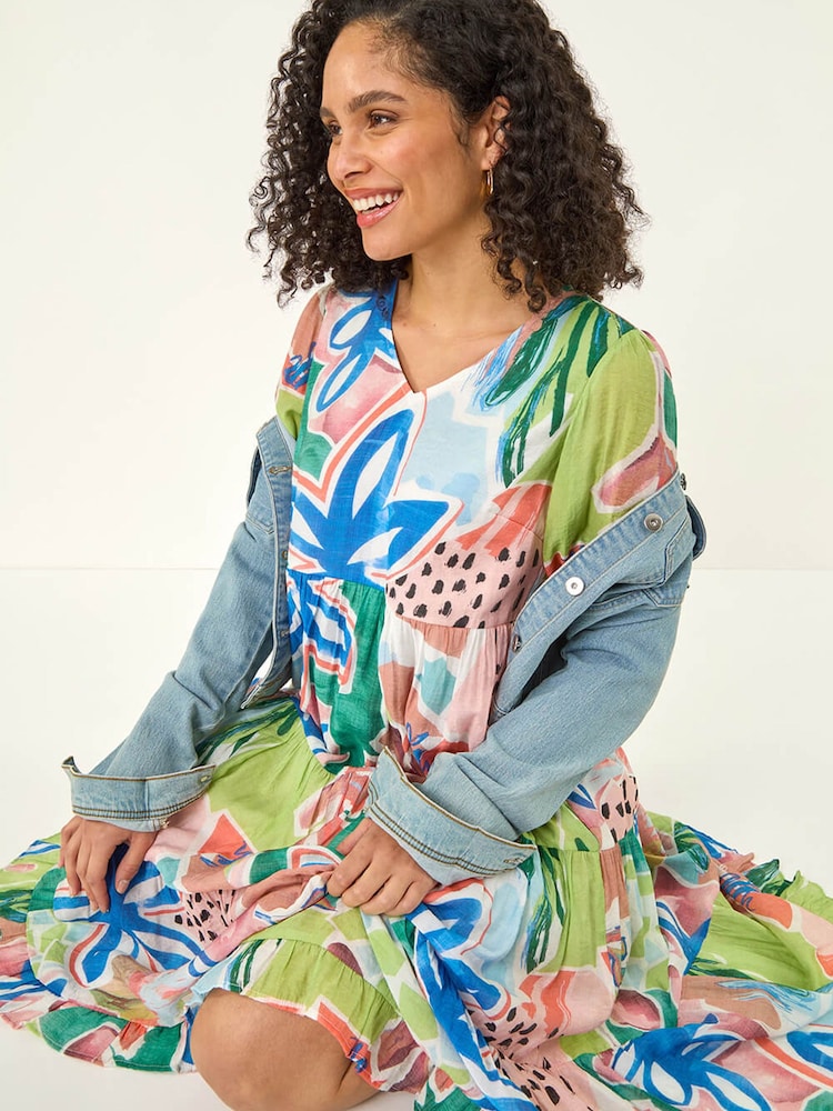 Albastru - Roman Abstract Print Tiered Dress - Imaginea 1 din 5