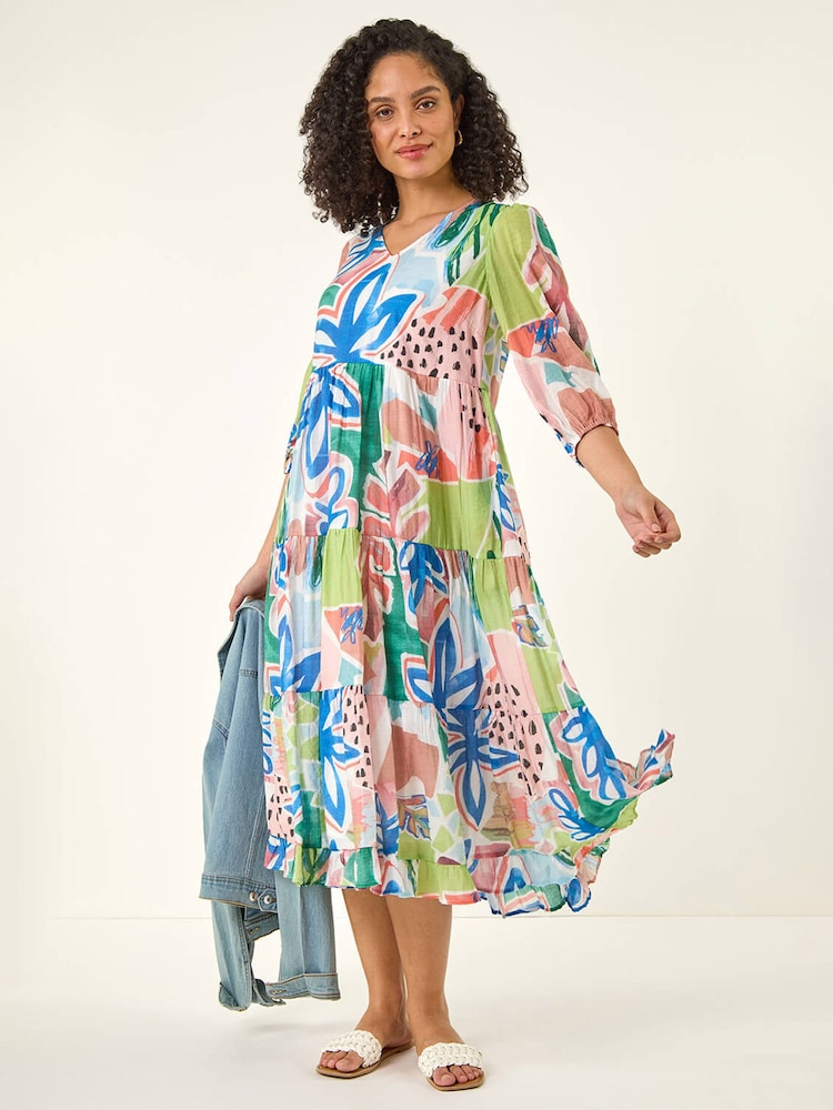 Albastru - Roman Abstract Print Tiered Dress - Imaginea 2 din 5