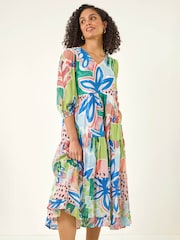 Albastru - Roman Abstract Print Tiered Dress - Imaginea 4 din 5