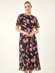 Roman Red Floral Flutter Sleeve Dress - Image 1 of 5