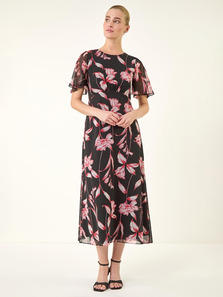 Roman Red Floral Flutter Sleeve Dress - Image 2 of 5