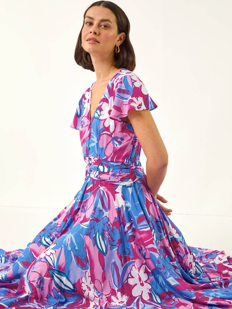 Roman Pink Abstract Floral Ruched Midi Dress - Image 1 of 5