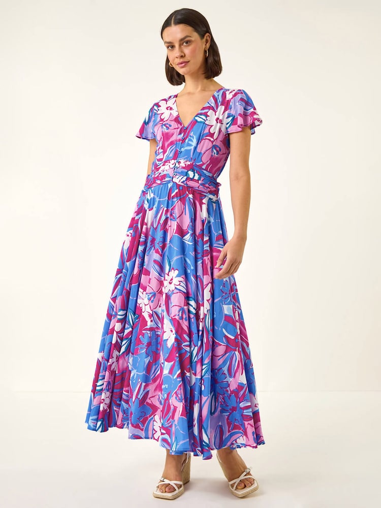 Roman Pink Abstract Floral Ruched Midi Dress - Image 2 of 5