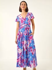 Roman Pink Abstract Floral Ruched Midi Dress - Image 4 of 5