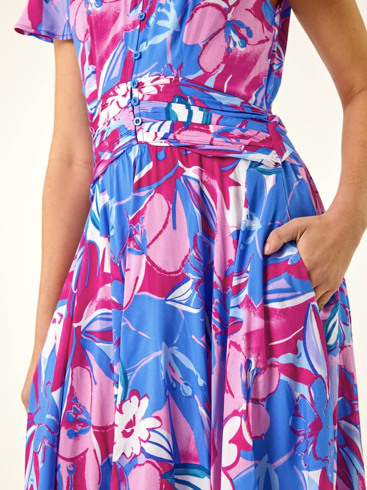Roman Pink Abstract Floral Ruched Midi Dress - Image 5 of 5