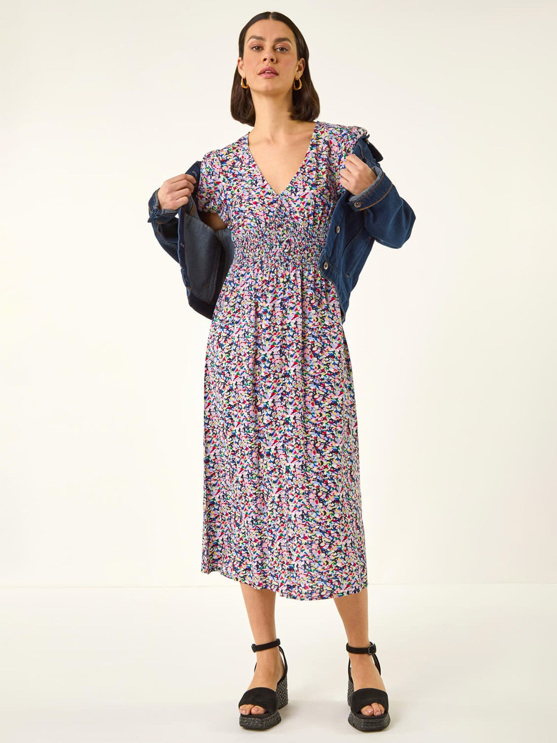 Roman Women's Pink Abstract Print Shirred Midi Dress