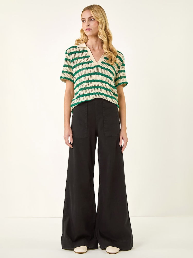 黑色 - Roman Cotton Stretch Wide Leg Denim Trousers - 圖片 2/5