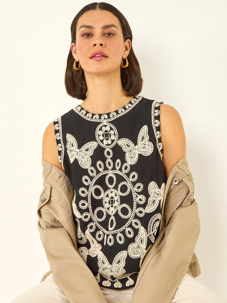 Roman Black Butterfly Embroidered Vest Top - Image 1 of 5