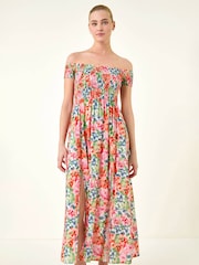 Roman Blomstrete Print Bardot rynket Midikjole - Bilde 3 av 4