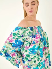 Roman Blue Floral Print Bardot Top - Image 1 of 5