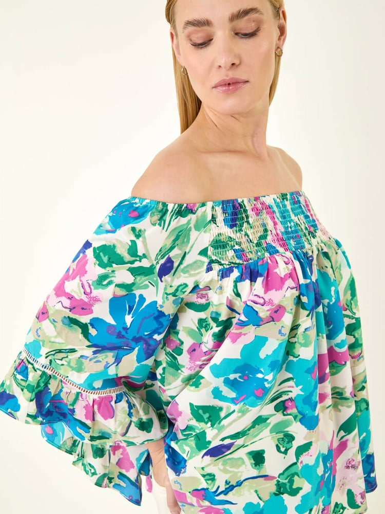 Roman Blue Floral Print Bardot Top - Image 1 of 5 Roman Blue Floral Print Bardot Top - Image 1 of 5