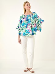 Roman Blue Floral Print Bardot Top - Image 2 of 5