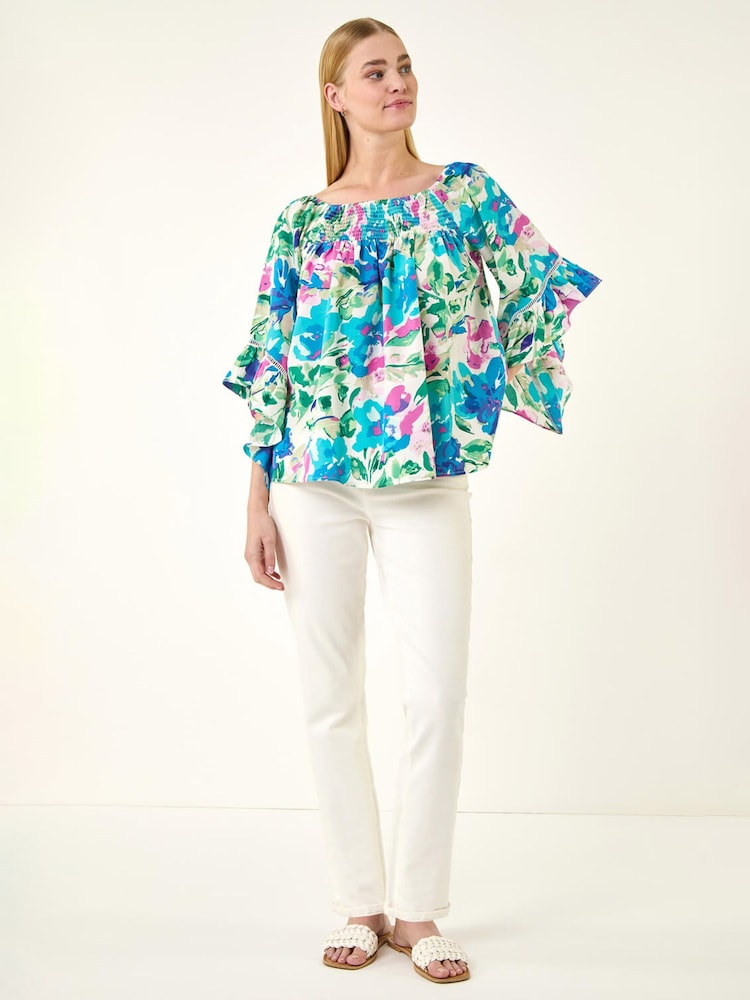 Roman Blue Floral Print Bardot Top - Image 2 of 5 Roman Blue Floral Print Bardot Top - Image 2 of 5