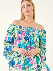 Roman Blue Floral Print Bardot Top - Image 4 of 5