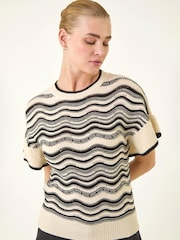 Roman White Stripe Wave Frill Knit Top - Image 1 of 5