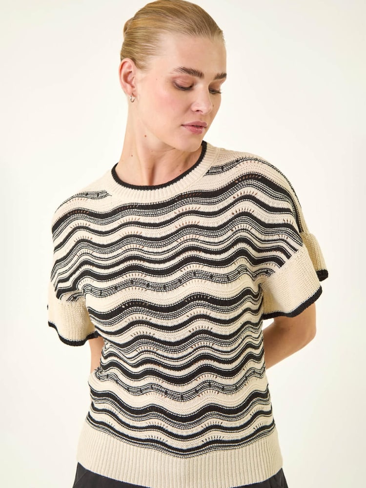 Roman White Stripe Wave Frill Knit Top - Image 1 of 5 Roman White Stripe Wave Frill Knit Top - Image 1 of 5