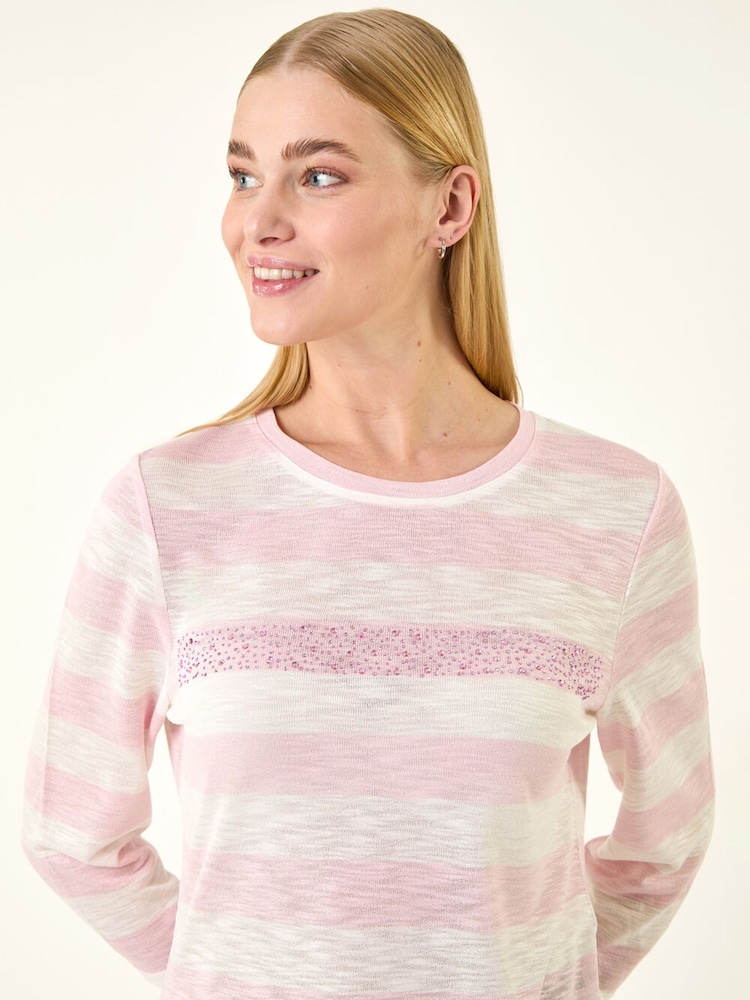 Roman Pink Embellished Stripe Stretch Top - Image 1 of 5
