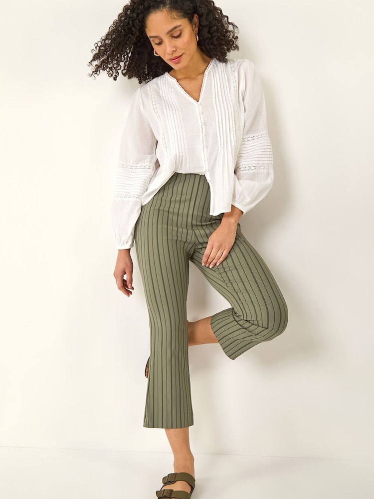Roman Green Stripe Print Crop Bootleg Trousers - Image 1 of 5