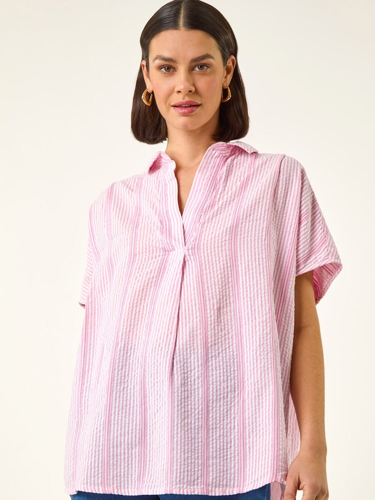 Roman Pink Stripe Pleated Neck Top - Image 2 of 5