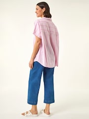 Roman Pink Stripe Pleated Neck Top - Image 3 of 5