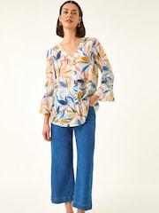 Roman Blue Leaf Print Flare Sleeve Blouse - Image 1 of 5
