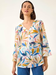 Roman Blue Leaf Print Flare Sleeve Blouse - Image 2 of 5