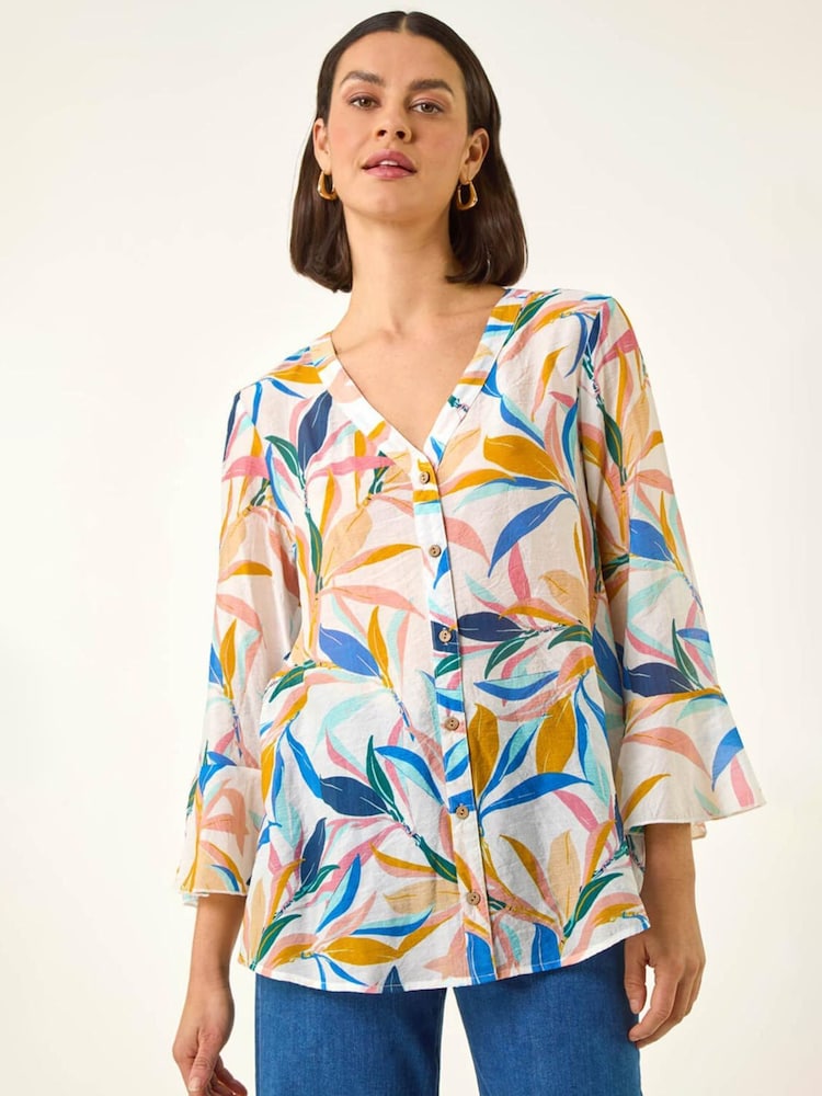 Roman Blue Leaf Print Flare Sleeve Blouse - Image 2 of 5 Roman Blue Leaf Print Flare Sleeve Blouse - Image 2 of 5