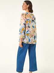 Roman Blue Leaf Print Flare Sleeve Blouse - Image 3 of 5