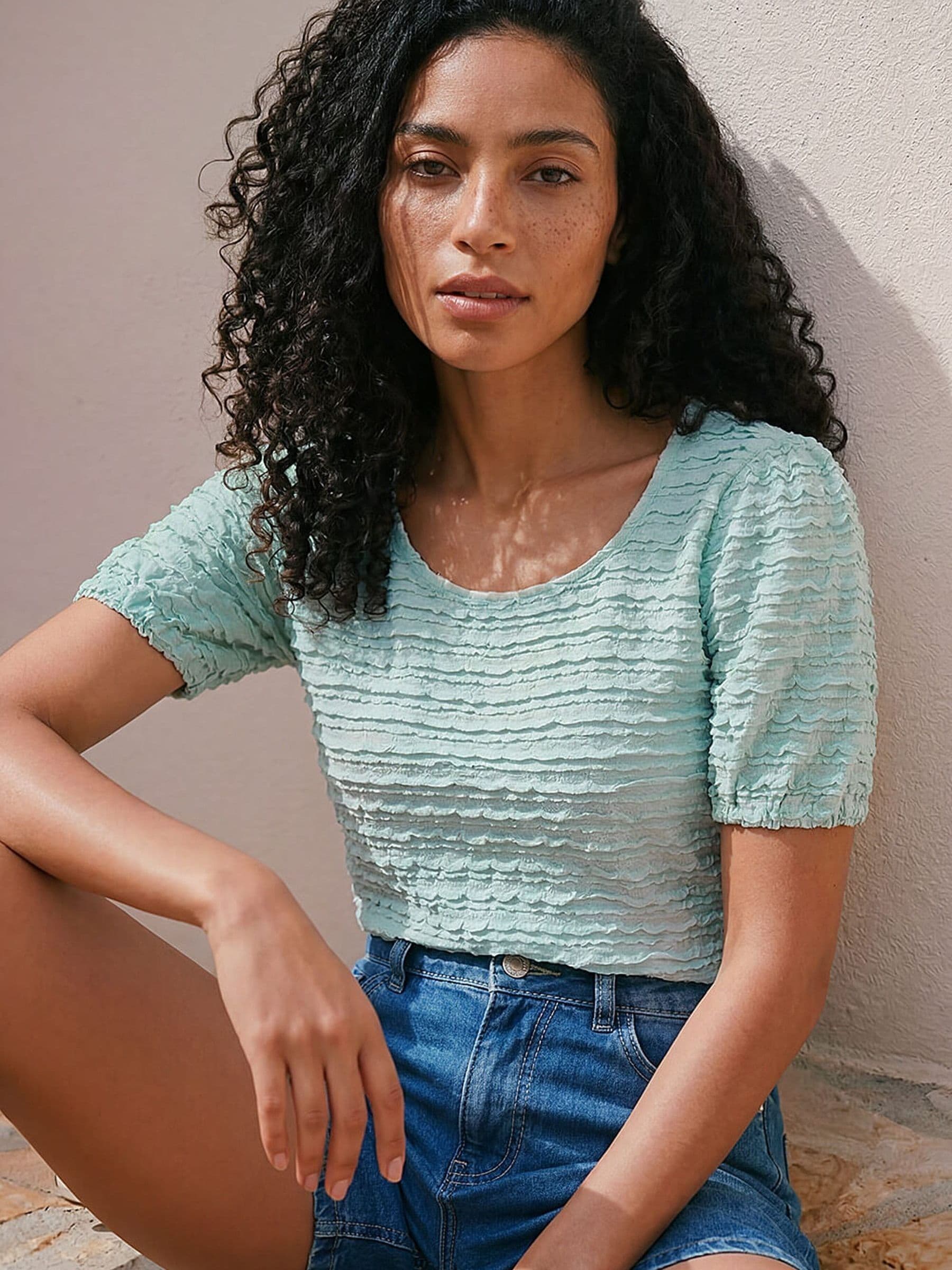 Roman Women's Blue Textured Jersey Stretch Top - Image 1