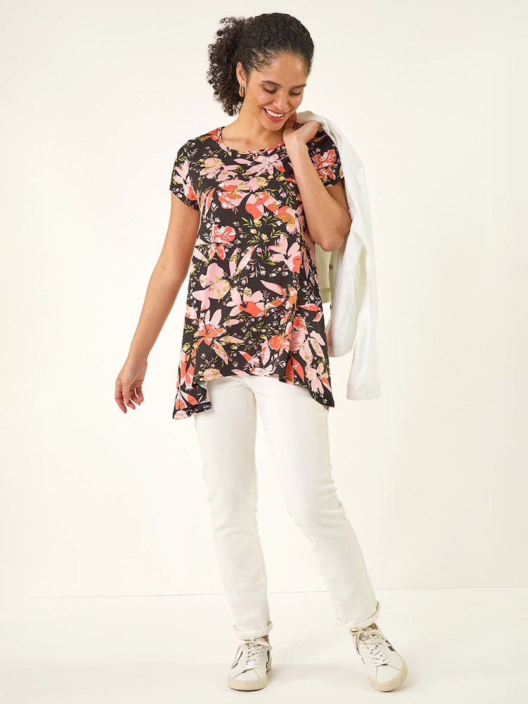 Roman Black Floral Print Hanky Hem Top - Image 1 of 5