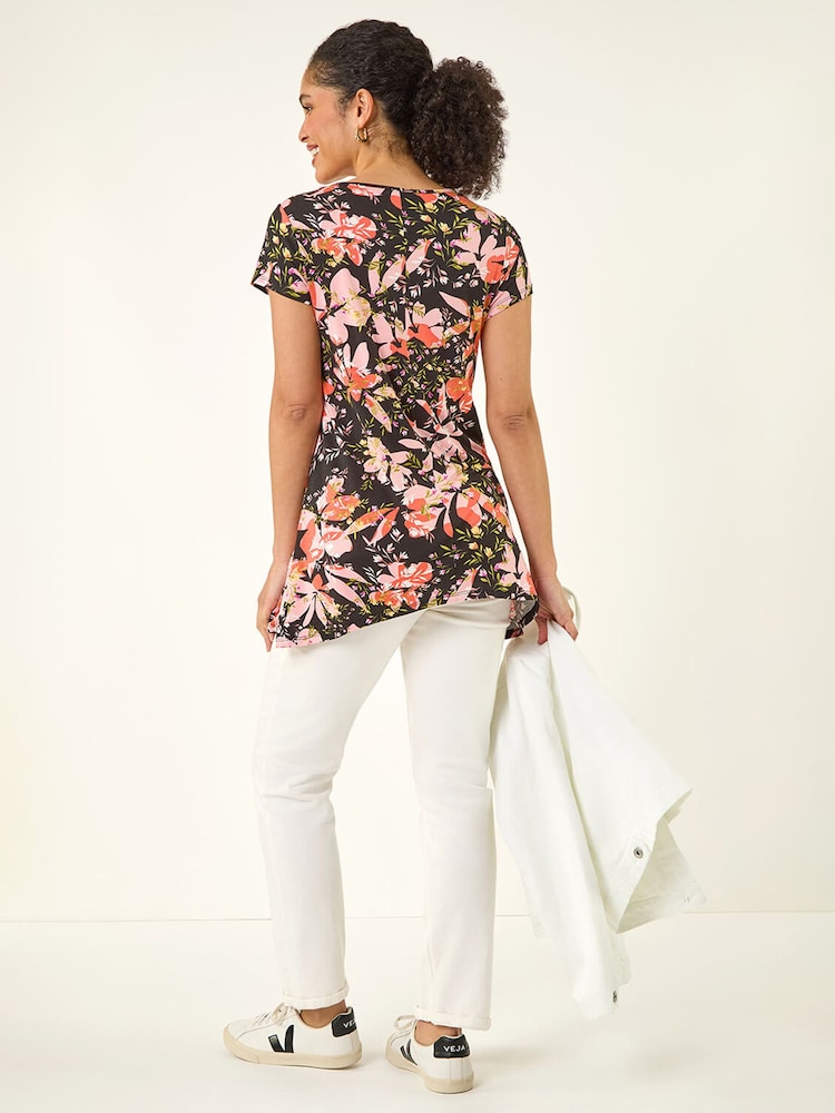 Roman Black Floral Print Hanky Hem Top - Image 2 of 5