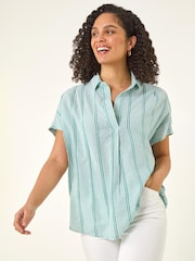 Roman Green Stripe Pleated Neck Top - Image 1 of 5