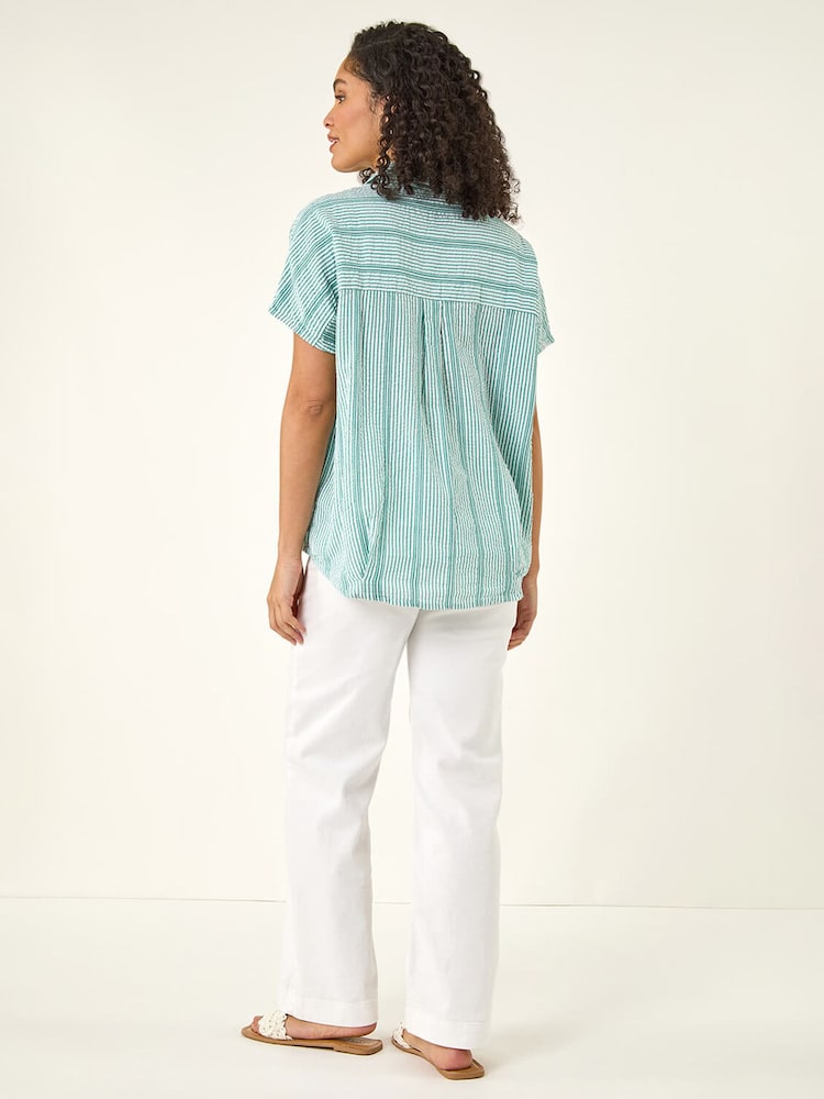 Roman Green Stripe Pleated Neck Top - Image 2 of 5 Roman Green Stripe Pleated Neck Top - Image 2 of 5