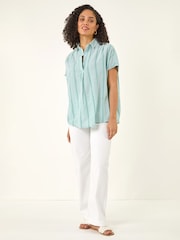 Roman Green Stripe Pleated Neck Top - Image 3 of 5