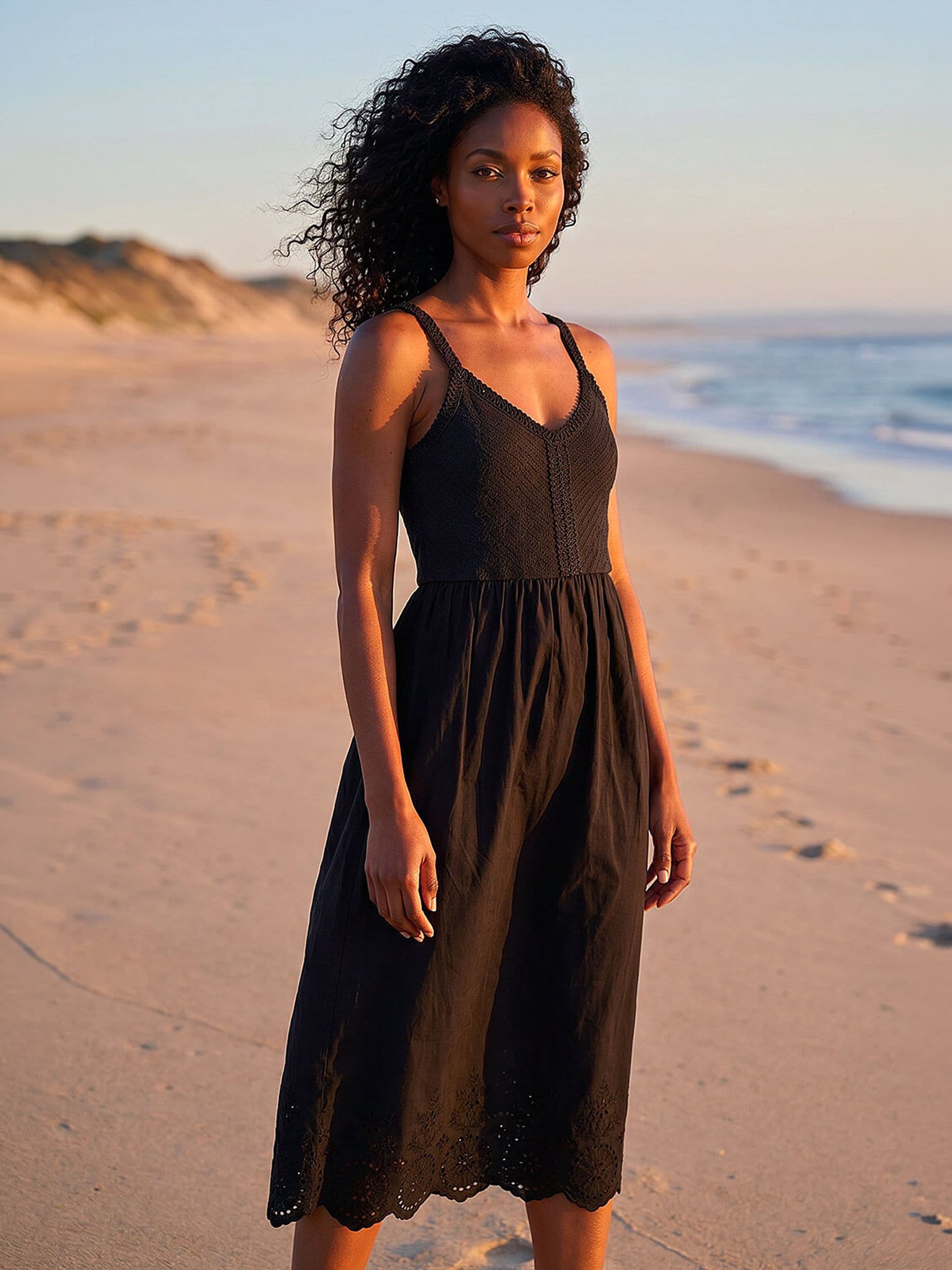 Roman Women's Black Crochet Strappy Midi Dress