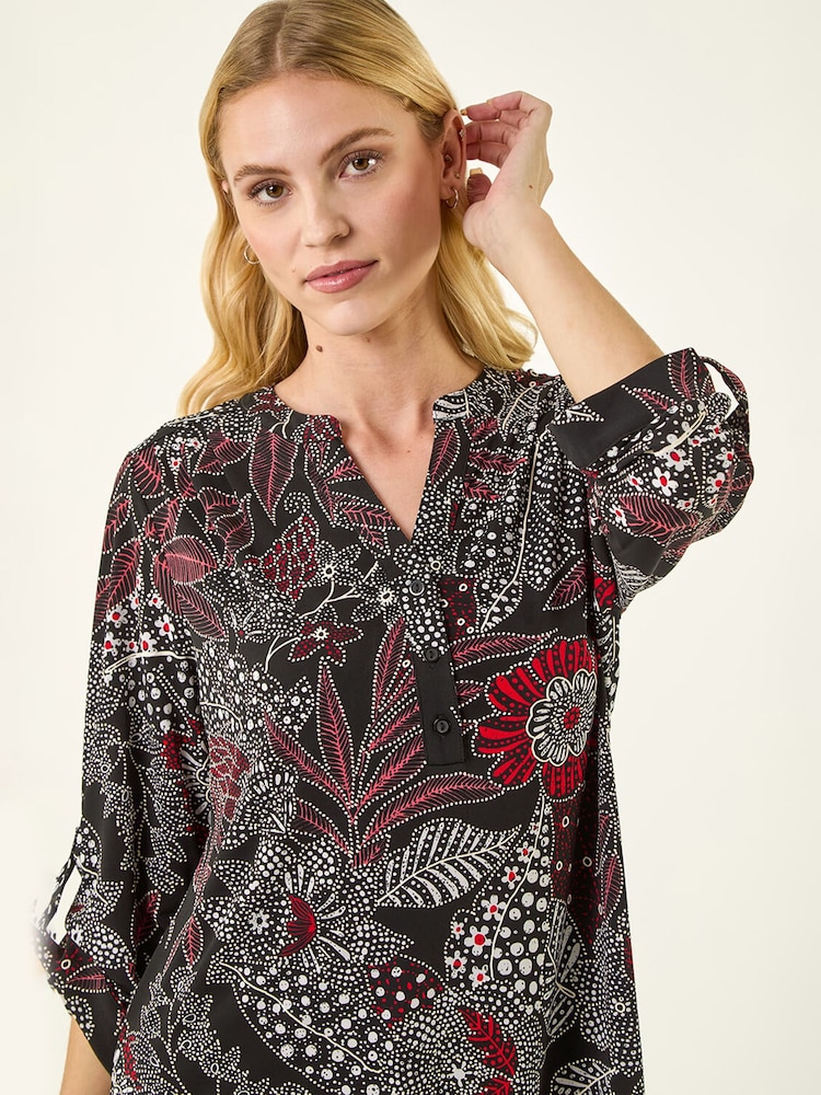Roman Red Floral Puff Print Gathered Shirt - Image 1 of 5