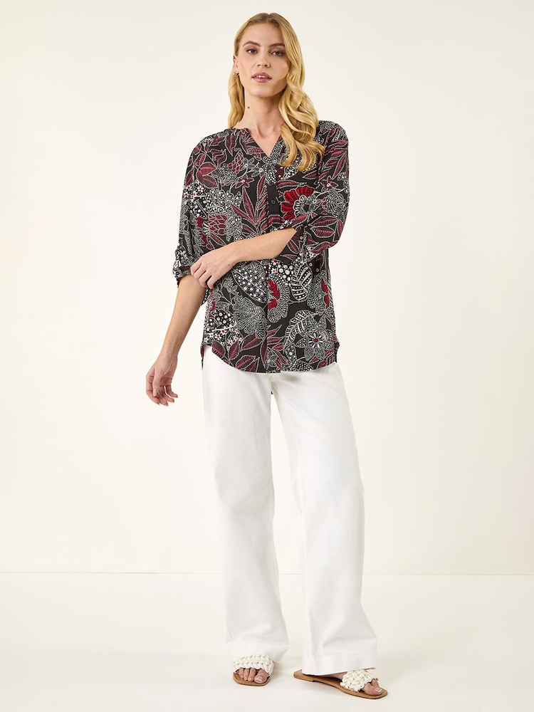 Roman Red Floral Puff Print Gathered Shirt - Image 2 of 5