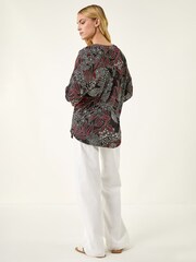 Roman Red Floral Puff Print Gathered Shirt - Image 3 of 5